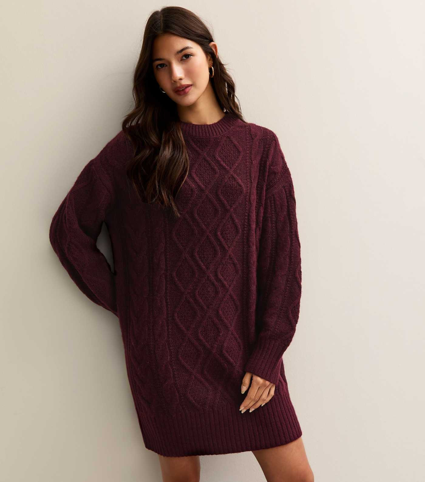 Dark Burgundy Cable Knit Crew Mini Dress | New Look | New Look (UK)