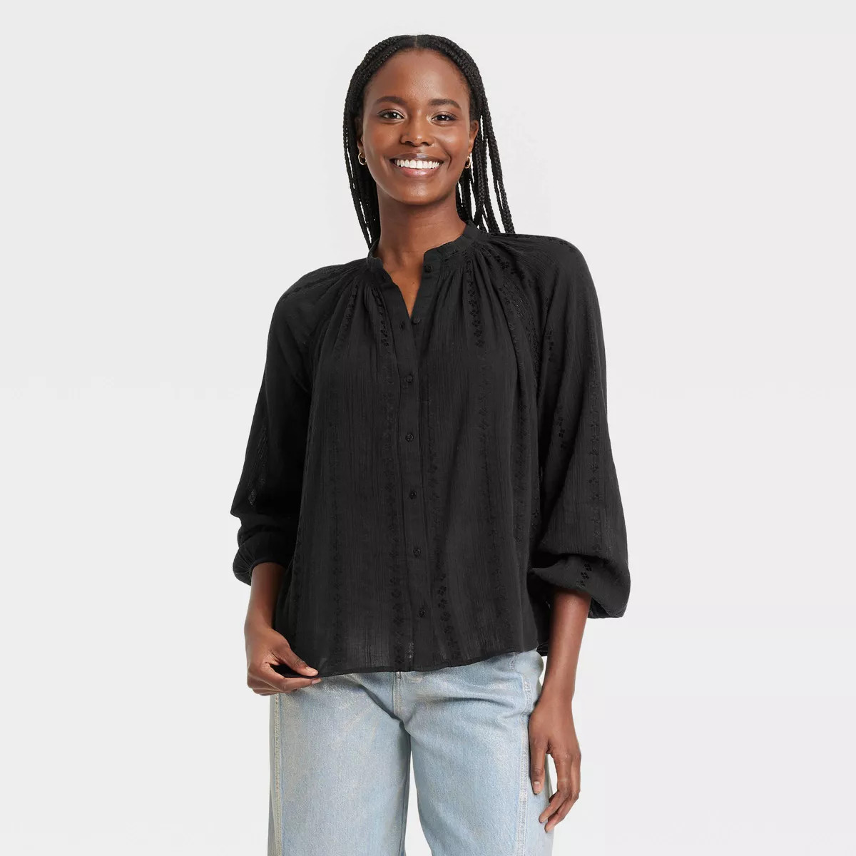 Women's Balloon Long Sleeve Lace Blouse - Universal Thread™ Black L: Cotton Rayon Blend, Front ... | Target