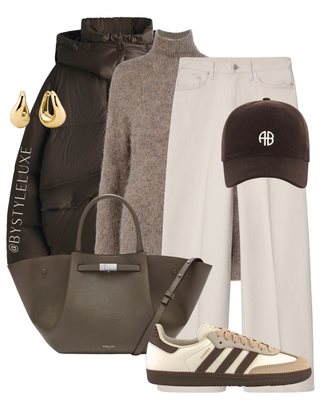 BROWN PUFFER - how to style a brown puffer jacket with jeans and Sambas. 

#hm #trainers #coat 

#LTKshoes #LTKwinter #LTKbag