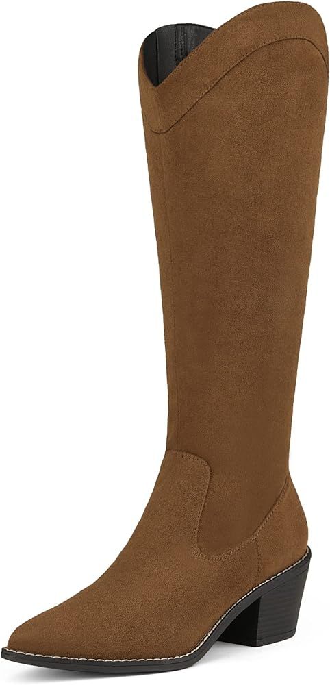 Womens Cowboy Boots, Western Cowgirl Pull On Zipper Chunky Heel Pointed Toe Knee High Boots | Amazon (US)