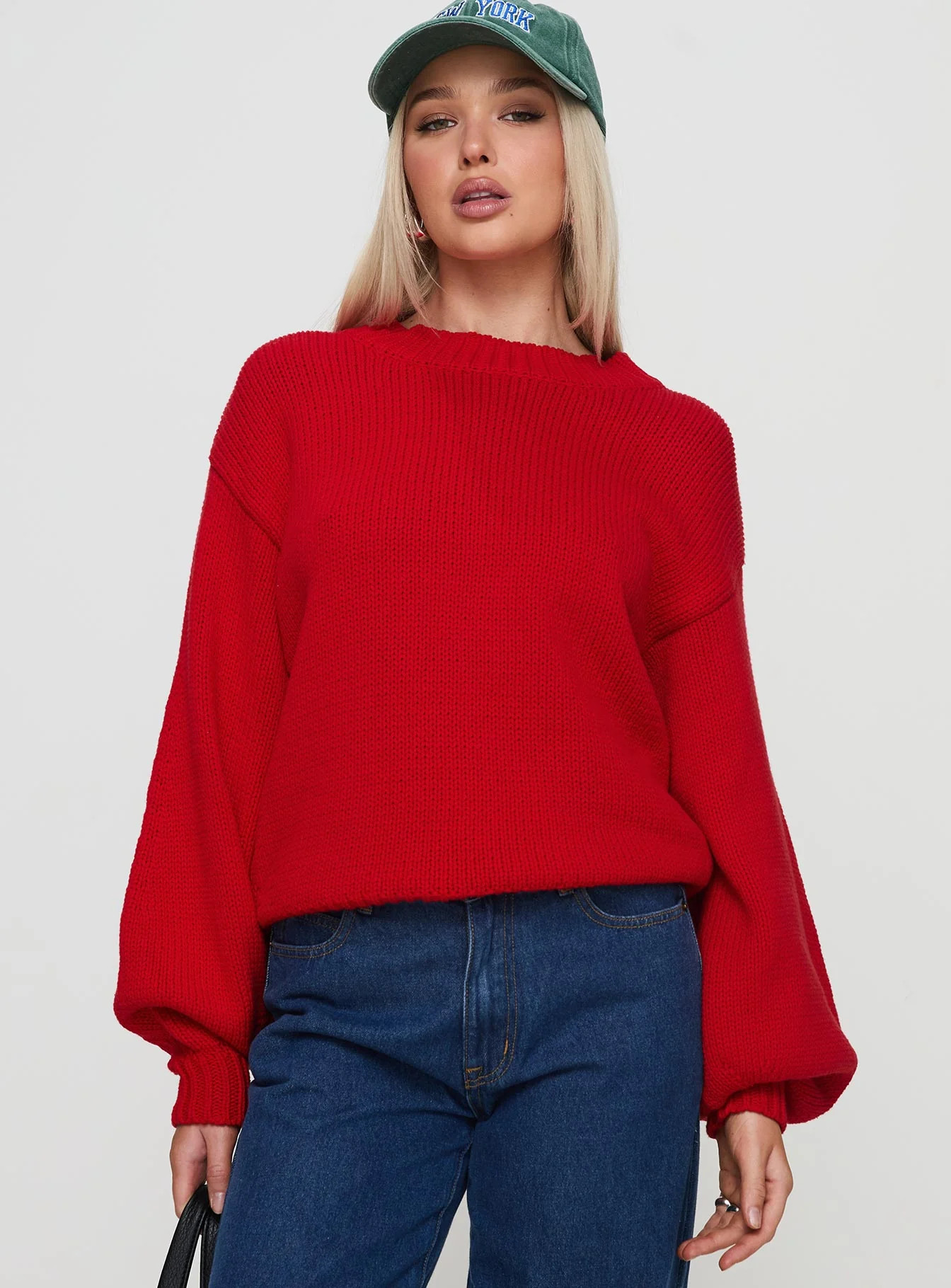 Harmony Balloon Sleeve Knit Sweater Red | Princess Polly US