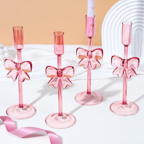 Mumufy 4 Pieces Coquette Pink Bow Glass Candlestick Holders Coquette Glass Candle Holders Pink Bow Decorations for Candlesticks Taper Candles, Home Decoration, Valentine Day, Wedding and Party | Amazon (US)