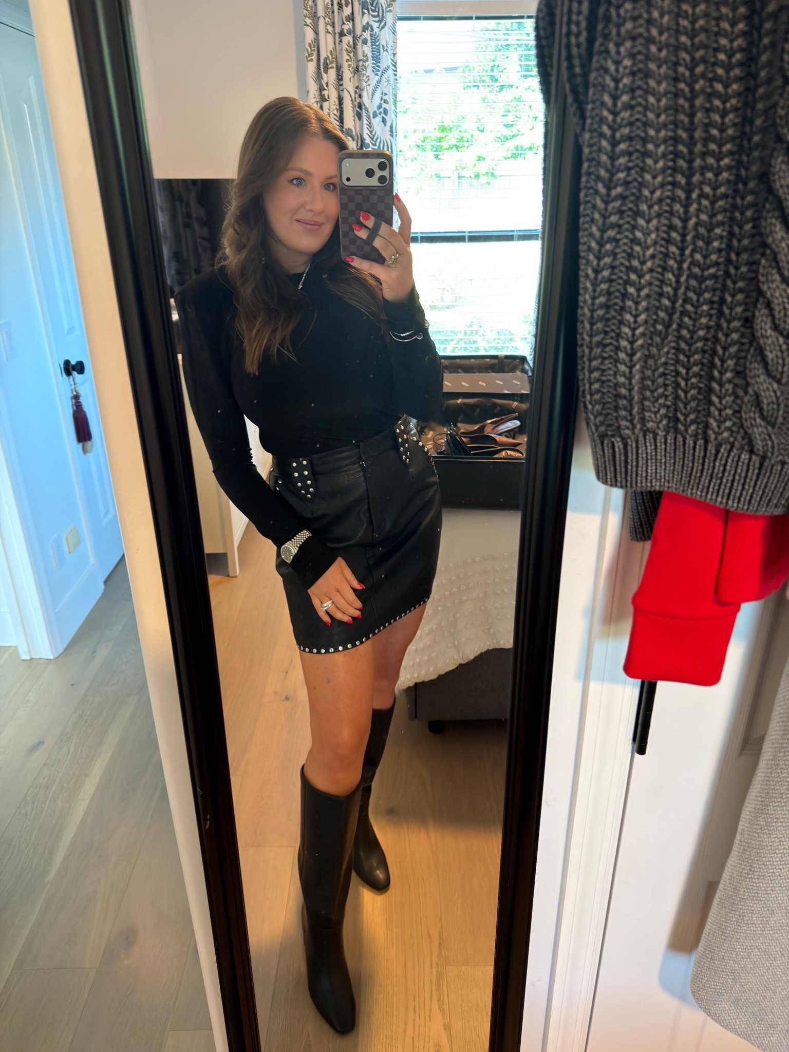 BlankNYC black, studded, leather mini skirt 
Knee-high black black heel women’s boot
Norma kamali shoulder pad long sleeve black shirt

Universal thread knee high black boot

#LTKSeasonal #LTKSaleAlert #LTKHoliday