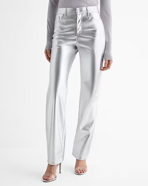 High Waisted Metallic Faux Leather Modern Straight Pant | Express