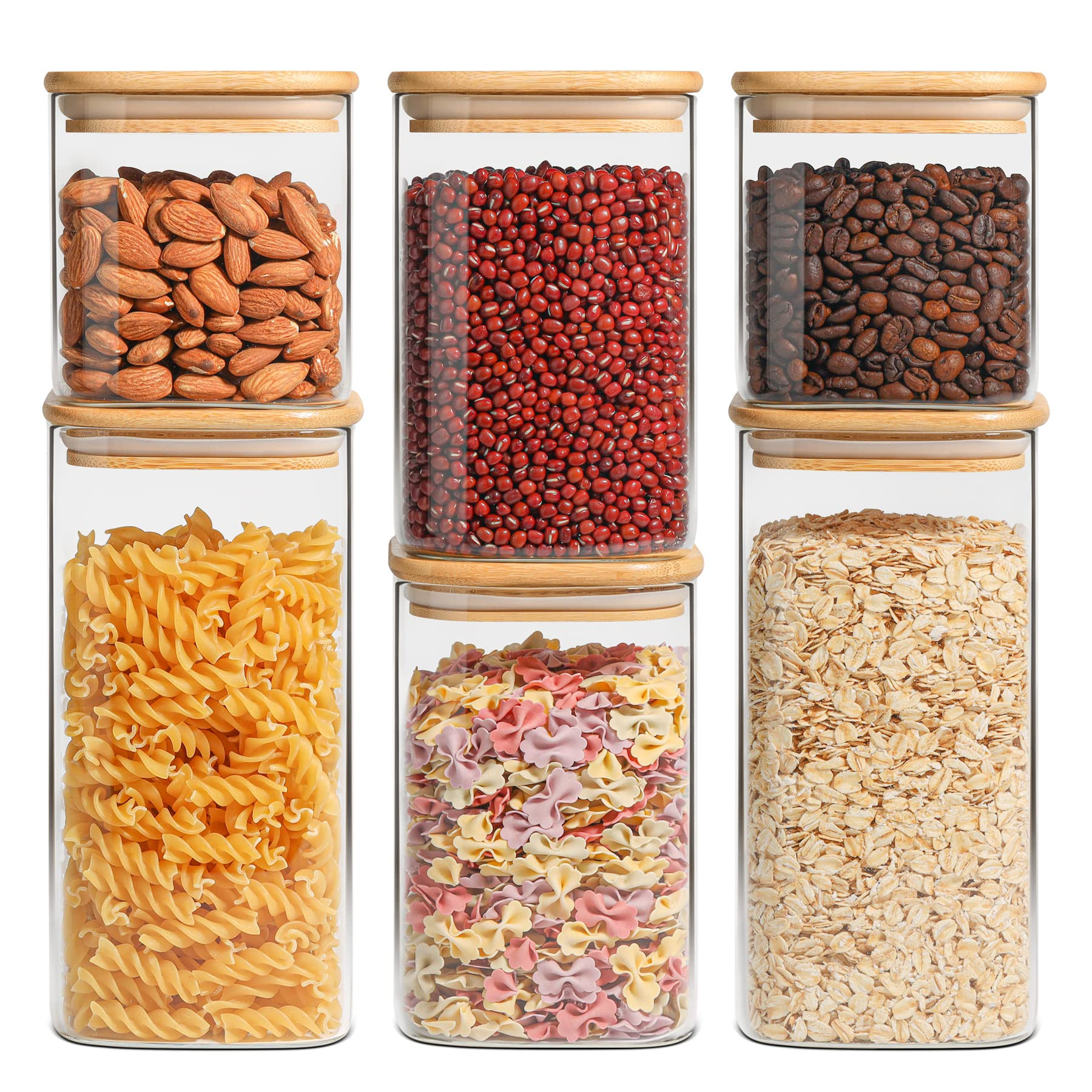 ComSaf Airtight Glass Storage Canister with Bamboo Lid (22oz/37oz/50oz) Set of 6, Clear Food Storage | Amazon (US)