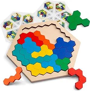 Coogam Wooden Hexagon Puzzle for Kid Adults - Shape Pattern Block Tangram Brain Teaser Toy Geomet... | Amazon (US)