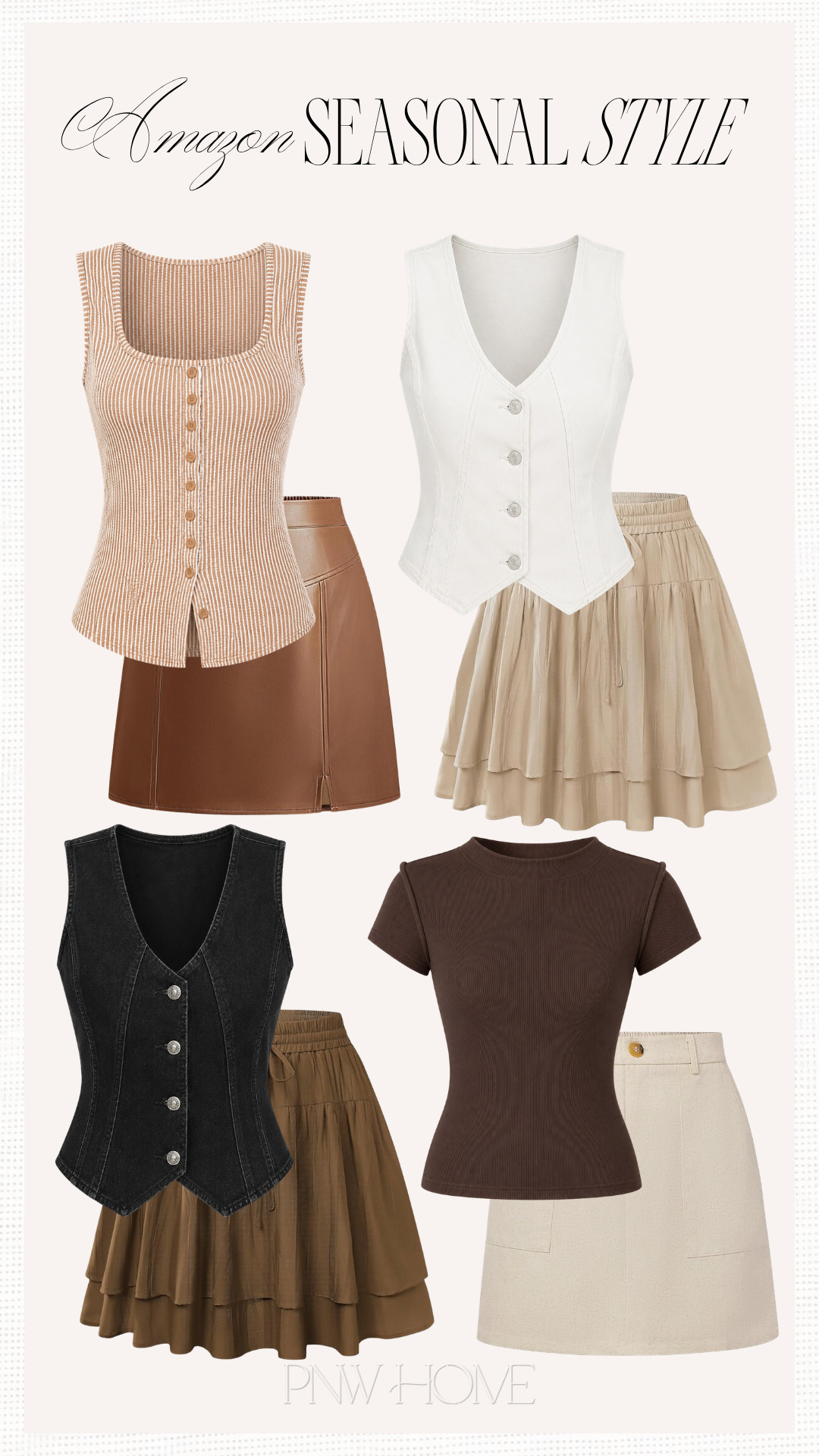 Loving these pieces for transitioning from summer to fall style!

Amazon style, Amazon fashion, summer style, summer fashion, summer looks, summer outfit, fall fashion, fall outfit, fall looks, fall style, brown skirt, off-white skirt, tan skirt, flowy skirt, faux leather skirt, brown leather skirt, mini skirt, sleeveless blouse, denim vest, white denim top, black denim vest, western looks, western style, khaki skirt, tan top, sleeveless top, tank top, brown tee, brown t-shirt 

 #LTKgrwm #LTKootd #LTKSeasonal