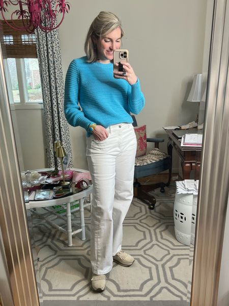 A perfect spring sweater on sale for $41 and the white jeans are a fave—on sale for $53!