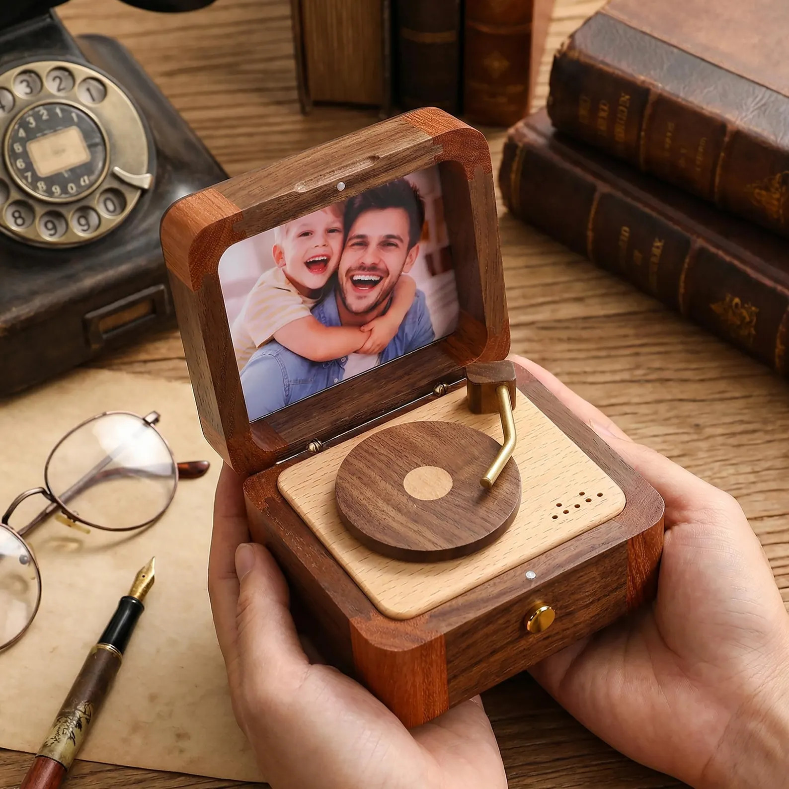 Fathers Day Gift Custom Wooden Music Box,  Personalized Photo Record Player Keepsake, Vintage Mem... | Etsy (Global)