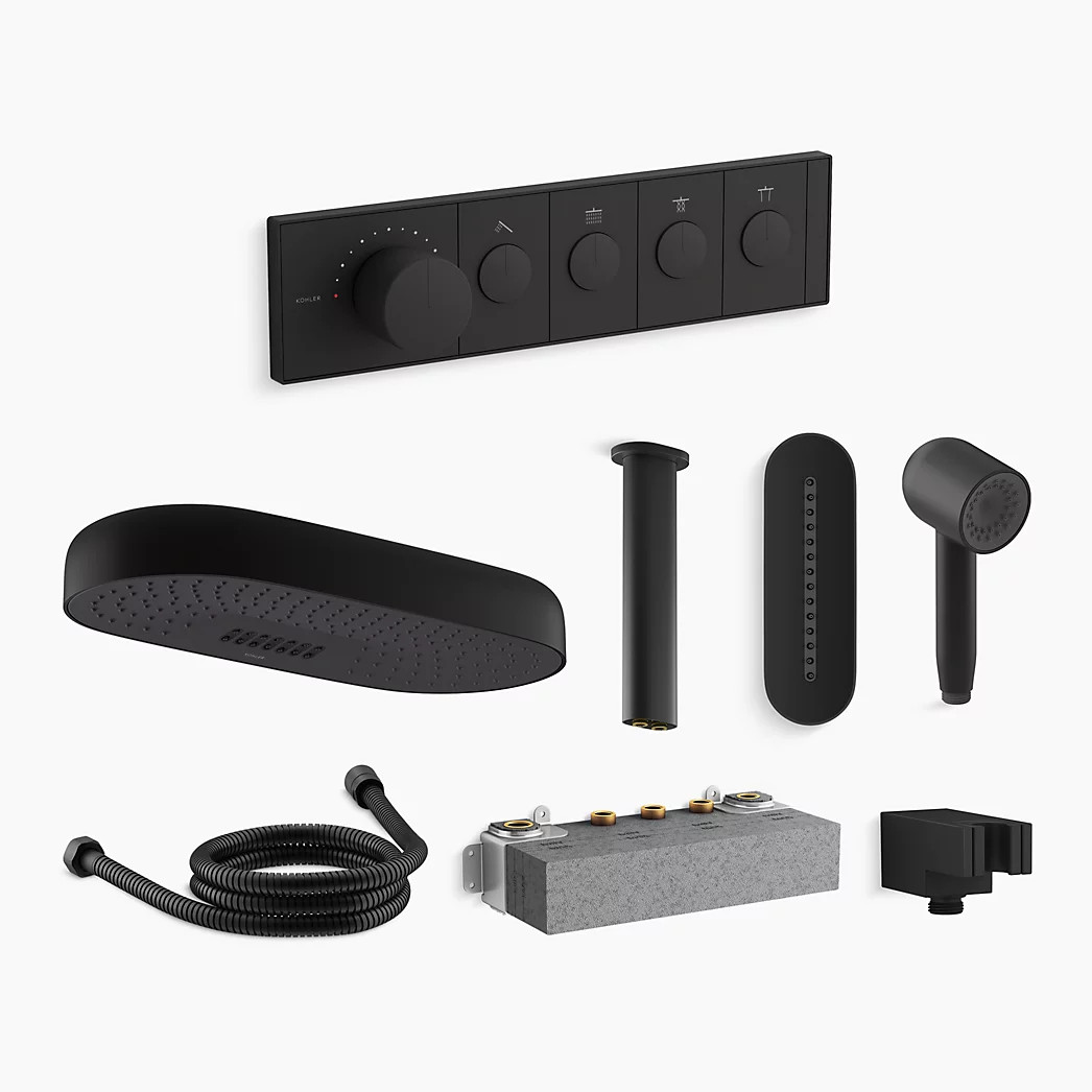Statement® rainhead, handshower and Anthem® mechanical control and valve in matte black | Kohler