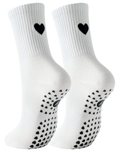 Yawlsow Pilates Grip Socks for Women Yoga Grippy Socks Cute Barre Non Skid Athletic Crew Sticky Sock Workout Hospital (US, Alpha, One Size, Regular, Regular, 1 Pack-White-Big Heart) | Amazon (US)
