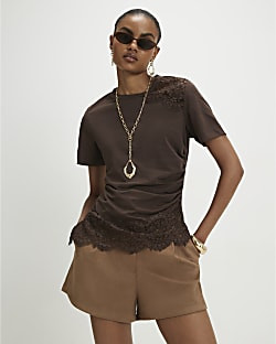 Brown Cotton Short Sleeve Lace Asymmetric Top | River Island UK & IE