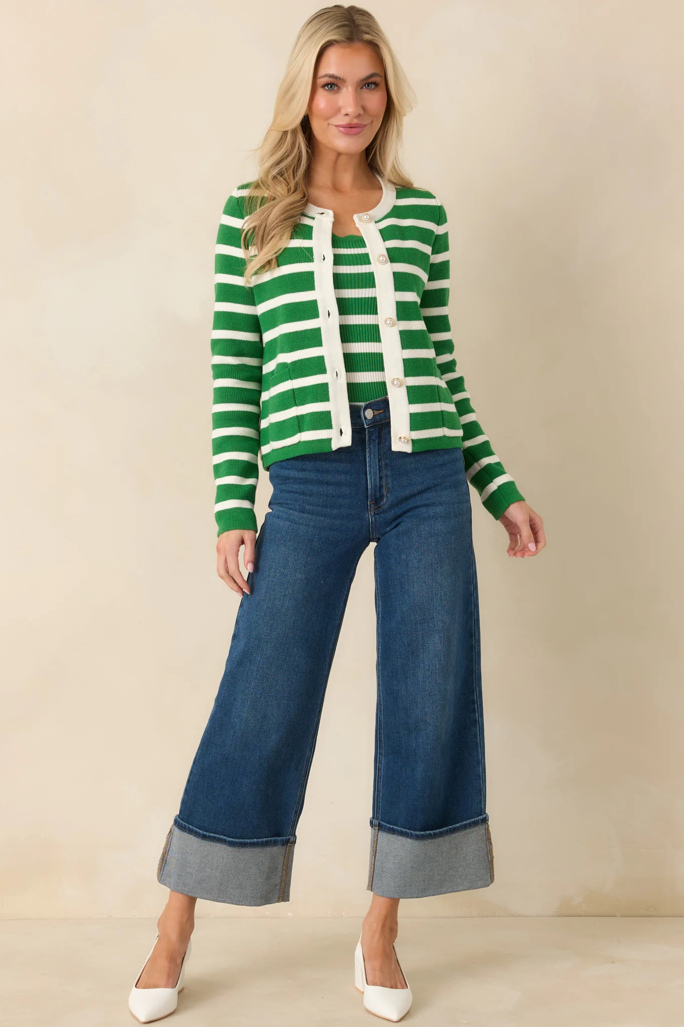 Prosperina Kennedy Kelly Green Stripe Cotton Cardigan | Red Dress