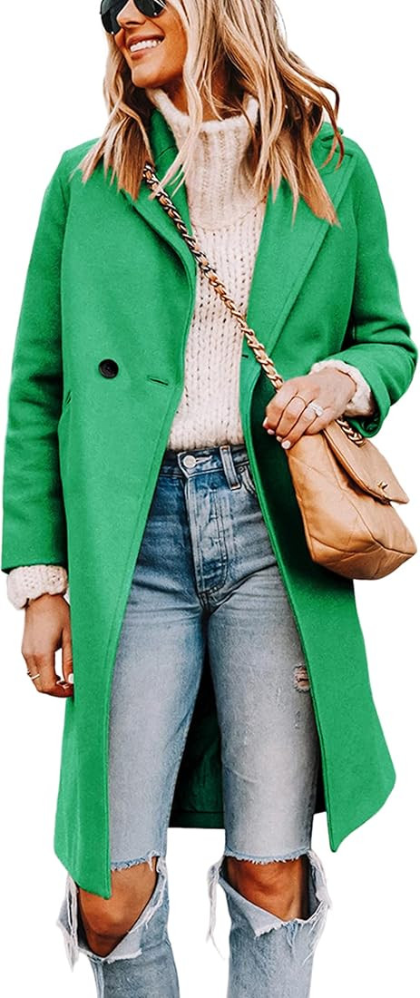 Tanming Women's Notch Lapel Double Breasted Wool Blend Mid Long Pea Trench Coat | Amazon (US)