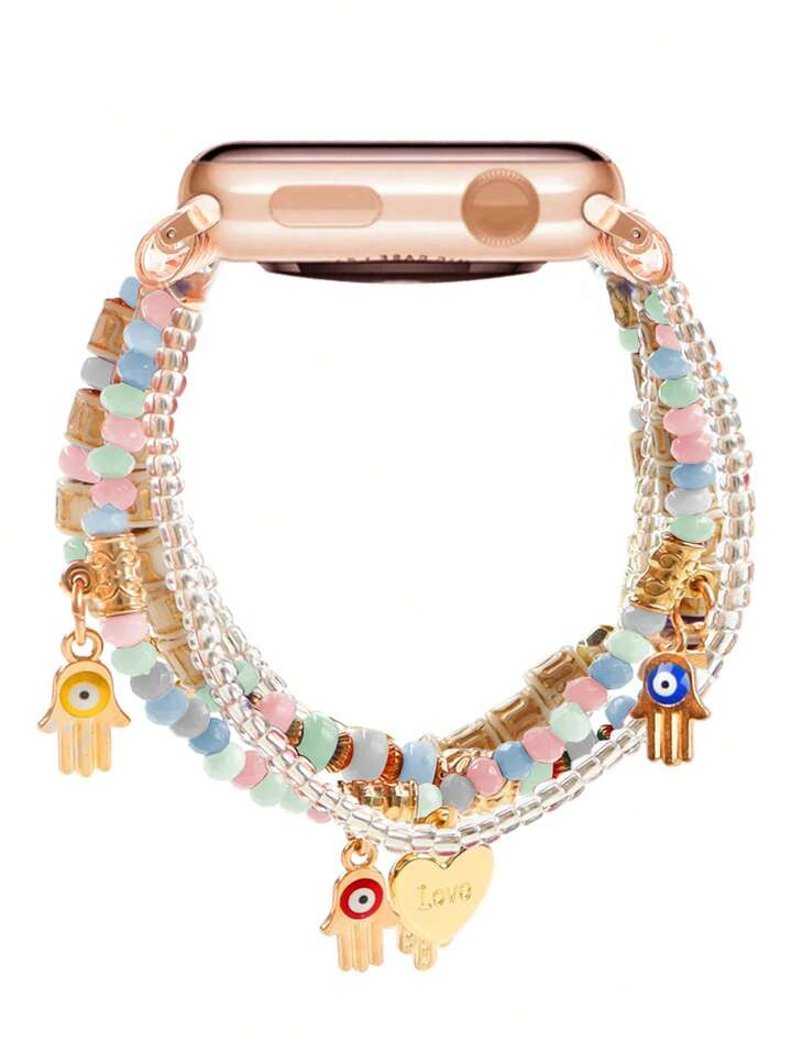 Colorful Tassel Beaded Bracelet Band With Lucky Heart Palm Graphic, Compatible With Apple Apple Watch Ultra/SE/Series 10/9/8/7/6/5/4/3/2/1 In 38/40/41/42/44/45/49mm Size, 42/46mm For S10 Valentines | SHEIN