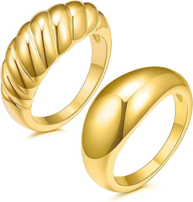 JINEAR 14K Gold Plated Dome Croissant Chunky Rings Set Stacking Band Women Jewelry Minimalist Twi... | Amazon (US)