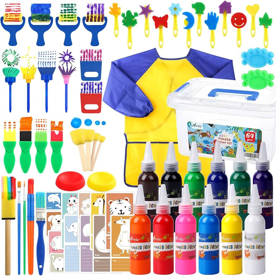 Washable Finger Paint set, 65 Pack Washable Kids Paint Set with 12 Color Finger Paints, Sponges, ... | Amazon (US)