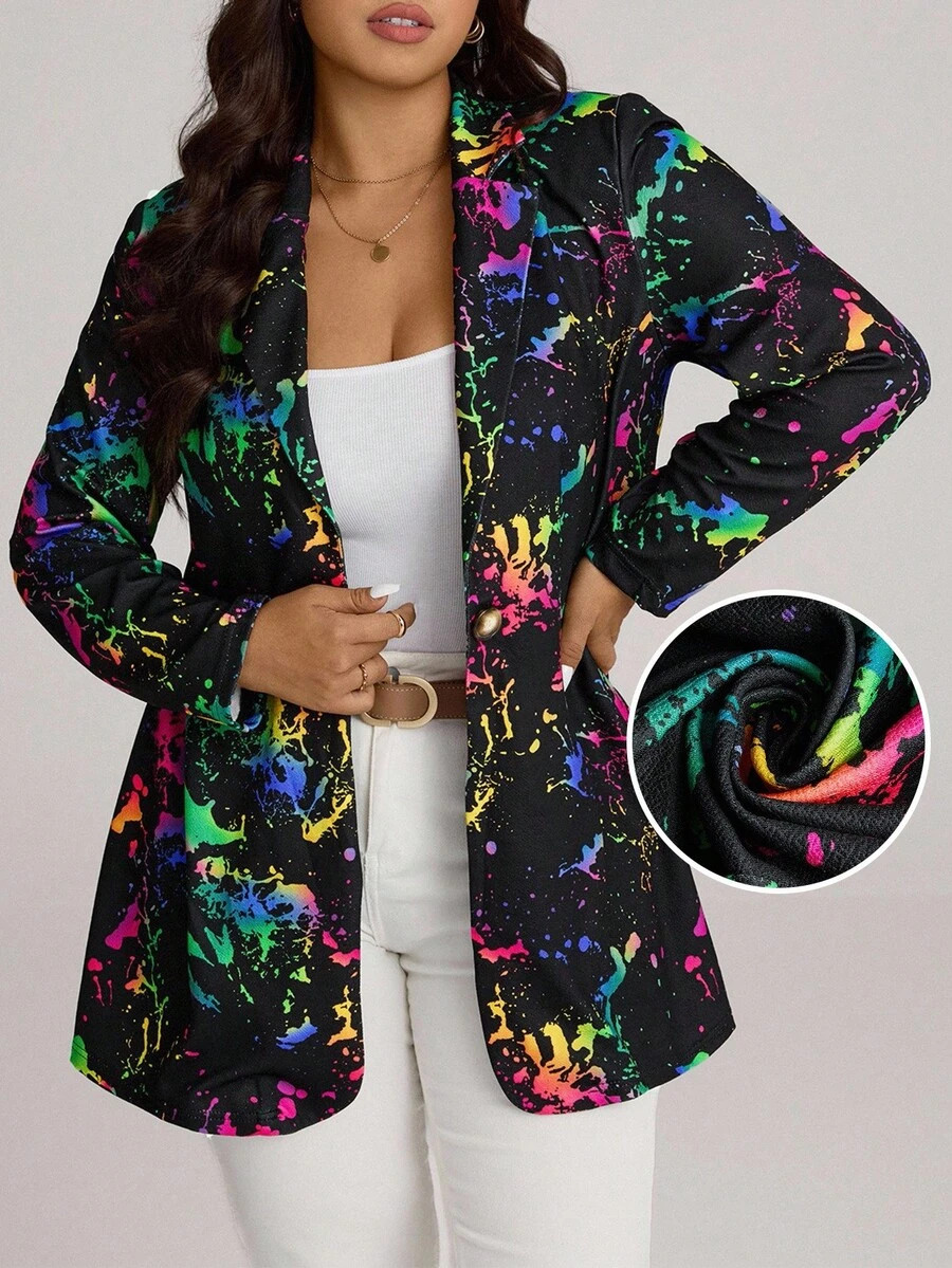 Comfylo Plus Splash Ink Print Single Button Blazer Fall Women Clothes Fall Clothes Plus Size Fall... | SHEIN