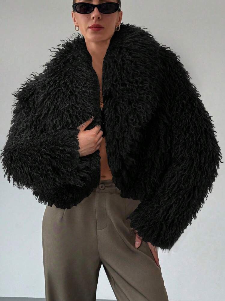 Aloruh New Season Extra Warm Long Pile Fold-Over Collar Versatile Beige Fluffy Coat, Autumn/Winte... | SHEIN