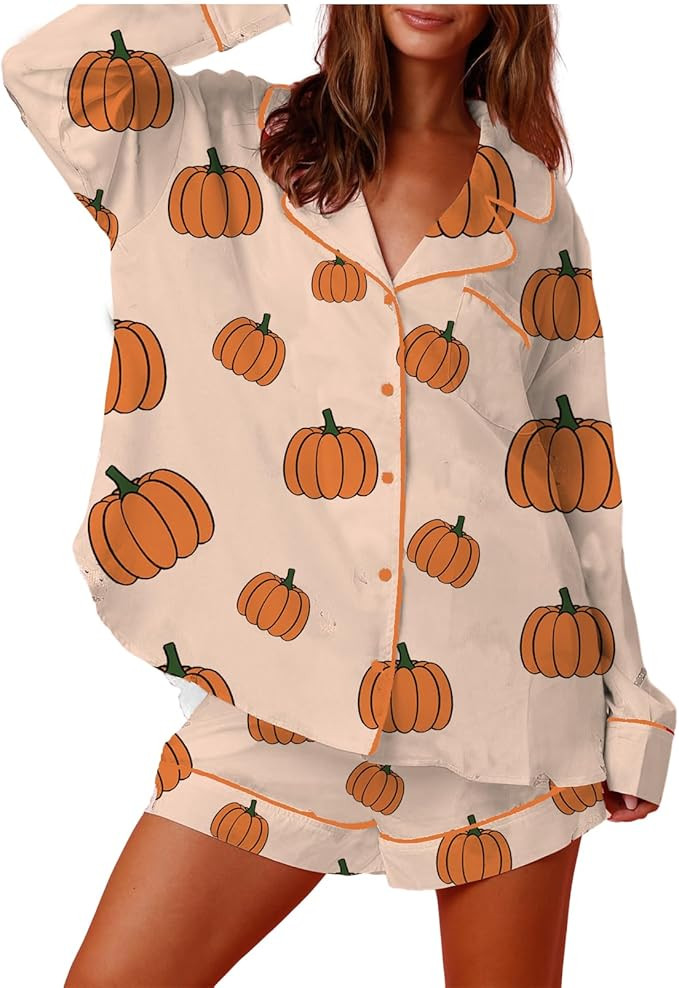Awoscut Womens Halloween Pajamas Sets 2 Piece Pumpkin Pjs Lounge Set Button Down Top and Shorts S... | Amazon (US)