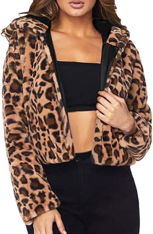 Pervobs Women Leopard Coat Winter Hoodie Faux Fur Long Sleeve Cardigan Jacket Outwear Coat | Amazon (US)