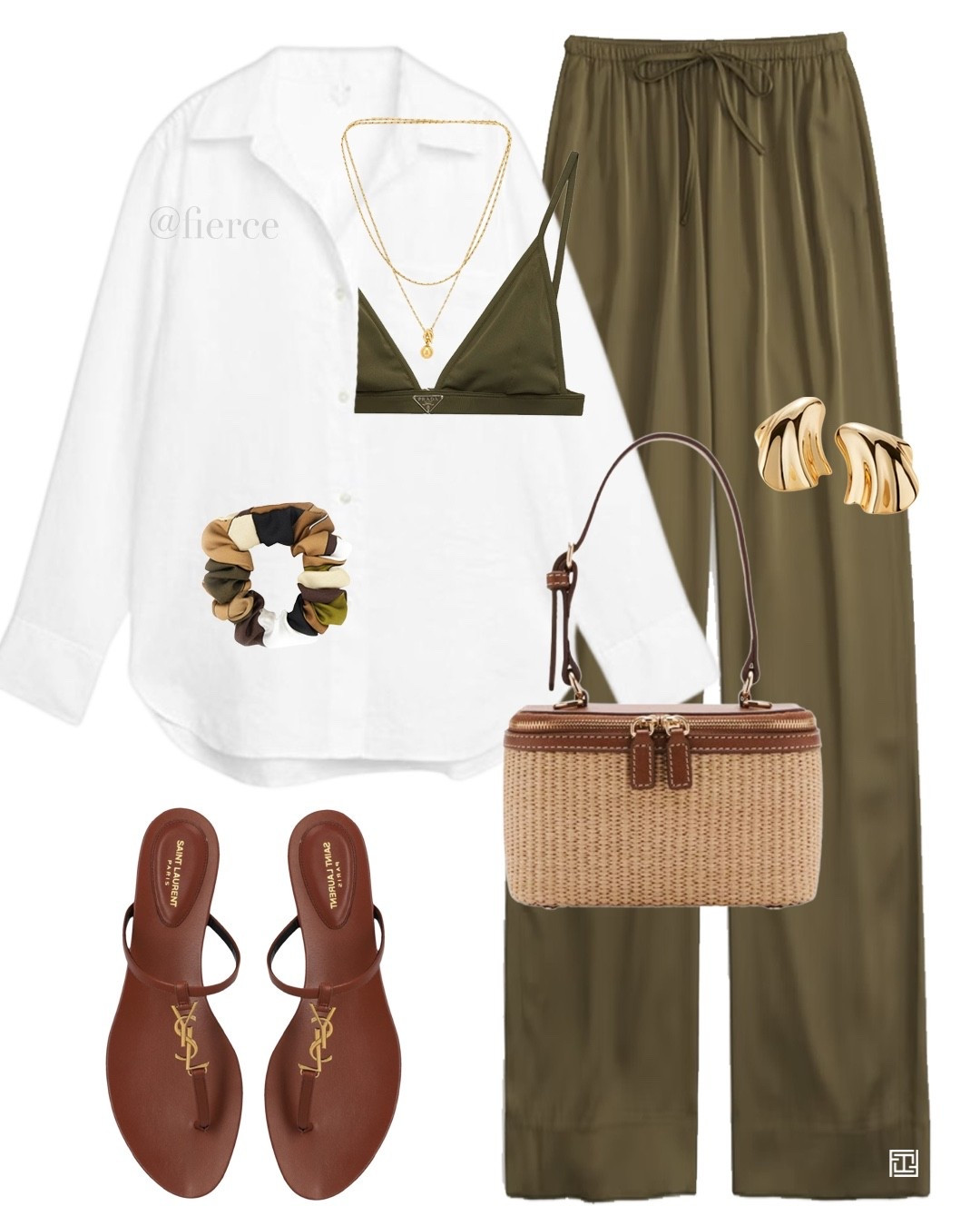 Green satin trousers white linen shirt brown thong sandals raffia vanity bag resort wear vacation 

#LTKuk #LTKeurope #LTKtravel