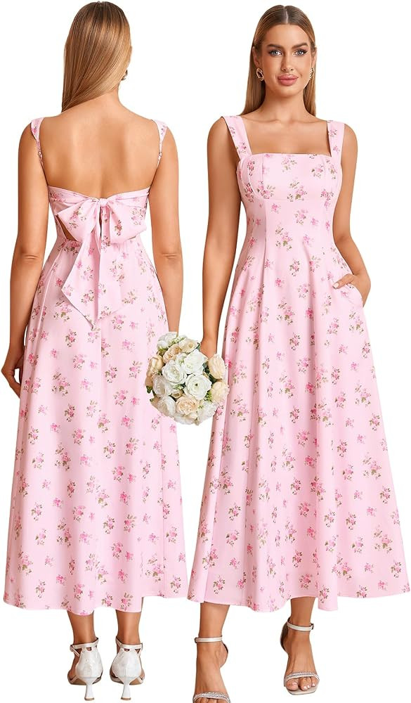 KUTUMAI Women Summer Bow Tie Floral Corset Midi Engagement Photo Dress | Amazon (US)