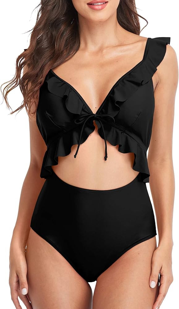 Sociala Womens Ruffle Cut Out One Piece Swimsuits Strappy Monokinis Swimwear Bathing Suits | Amazon (US)