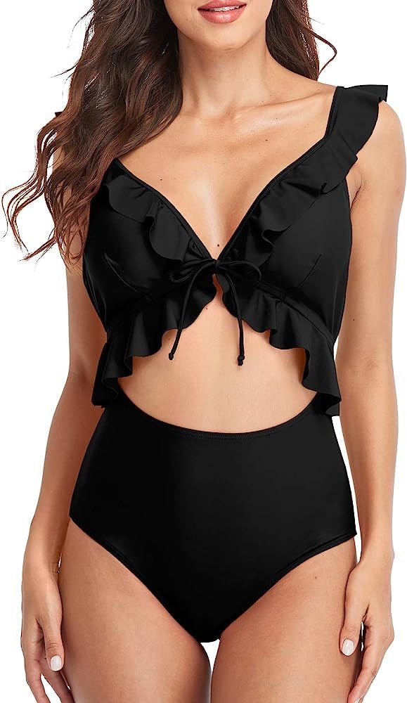 Sociala Womens Ruffle Cut Out One Piece Swimsuits Strappy Monokinis Swimwear Bathing Suits | Amazon (US)