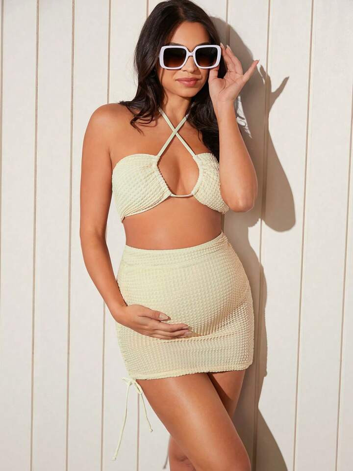 SHEIN Summer Beach Maternity Cross Halter Neck Swimsuit Set | SHEIN USA | SHEIN