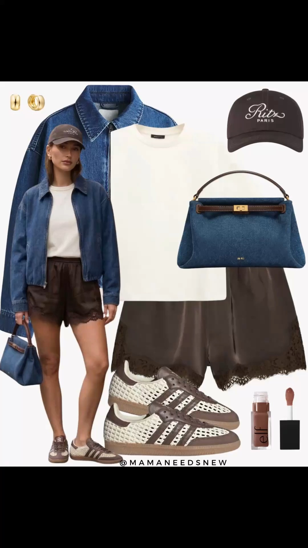 A late spring to summer outfit with denim jacket, tshirt, lace trim shorts, sneakers and denim top handle bag 🤎

#LTKSeasonal #LTKSaleAlert #LTKootd
