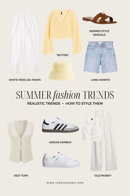 summer fashion trends. white wide leg pants. yellow cardigan. Hermes sandals dupe. long shorts. vest top. adidas samba shoes. old money outfit. summer outfit. 

#LTKunder50 #LTKstyletip #LTKunder100