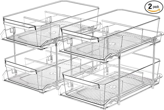 2 Set, 2 Tier Clear Organizer with Dividers for Cabinet / Counter, MultiUse Slide-Out Storage Con... | Amazon (US)