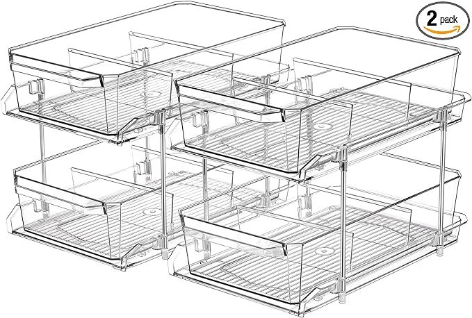 2 Set, 2 Tier Clear Organizer with Dividers for Cabinet / Counter, MultiUse Slide-Out Storage Con... | Amazon (US)