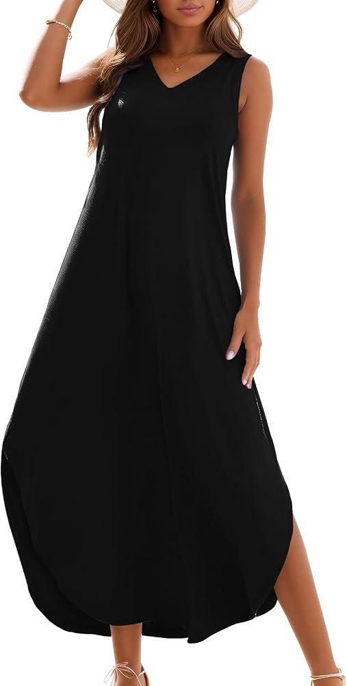 Zilcremo Women's Summer Casual Loose Sundress Long Dress Sleeveless V Neck Split Tshirt Maxi Dres... | Amazon (US)