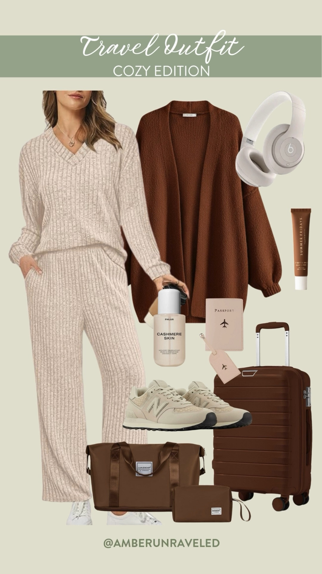 Try out a cozy outfit from Amazon for your next trip! All you need is a knitted matching set layered with a chocolate brown oversized cardigan, New Balance shoes, headphones, and your travel luggage.

vacation inspo, lounge wear, capsule wardrobe, affordable style, fashion accessories, summer fridays lip balm, electronic gadgets, neutral style

#LTKFindsUnder50 #LTKSeasonal #LTKU