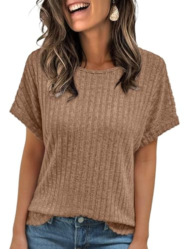 AUTOMET Women Shirts Summer Sweaters Regular Fit Short Sleeve Tunic Tops 2025 Dressy Casual Business Blouses Khaki XL | Amazon (US)