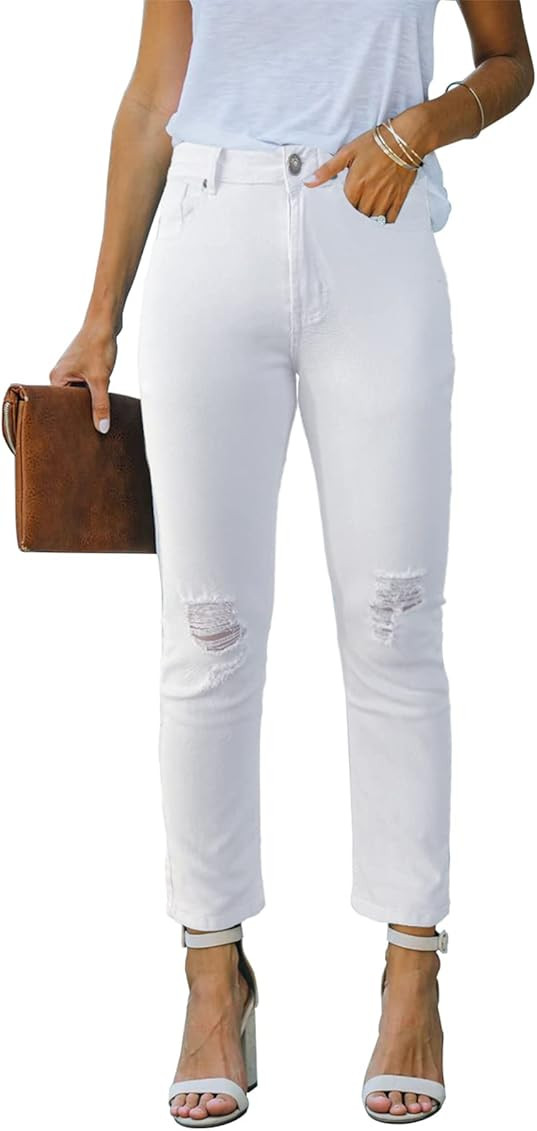 Metietila Women's Ripped High Waisted Jeans Distressed Stretch Straight Jean Denim Pants | Amazon (US)