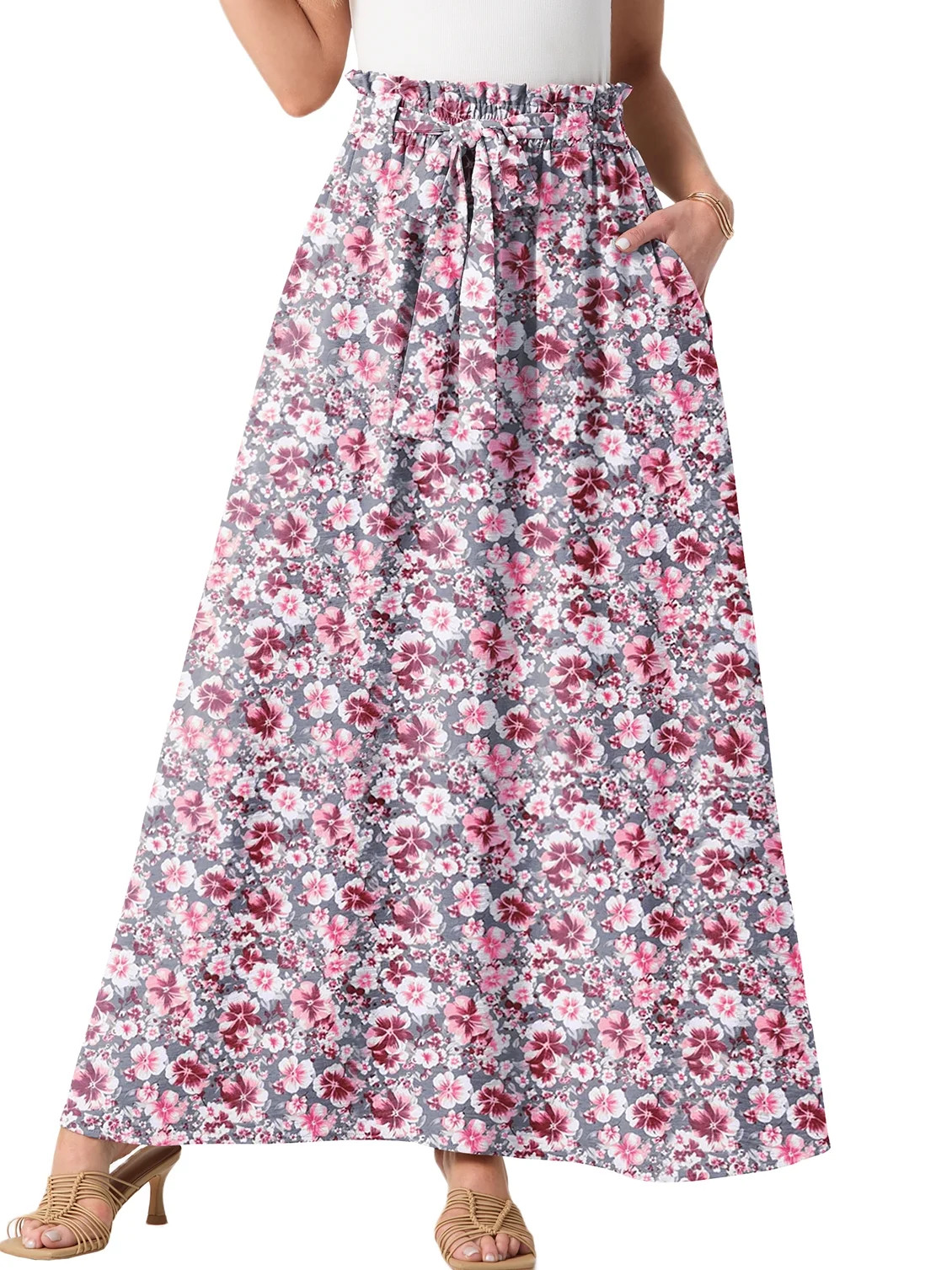 Cueply Womens Summer Long Maxi Skirt Elastic High Waist Tie Fashion Beach Dress with Pockets | Walmart (US)