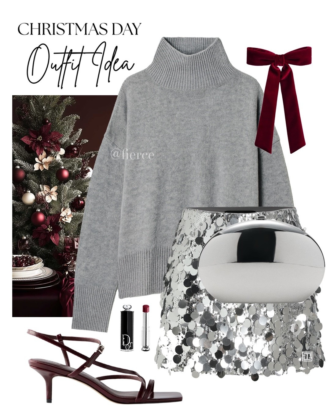 Sequin mini skirt grey oversized jumper silver clutch bag burgundy strappy sandals burgundy velvet hair bow Christmas Day outfit festive look 

#LTKfestive #LTKeurope #LTKuk