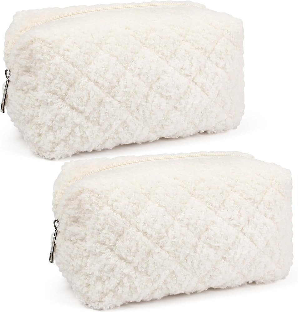 Fuzzy Makeup Bag, 2pcs Short Plush Cosmetic Bag Fluffy Quilted Makeup Pouch for Girls (Cream) | Amazon (US)