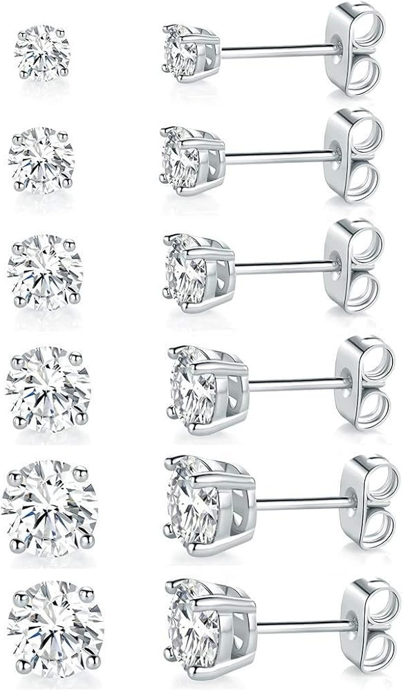 18K White Gold Plated 4 Pong Round Clear Cubic Zirconia Stud Earring Pack of 6 Pairs (6 Pairs) | Amazon (US)