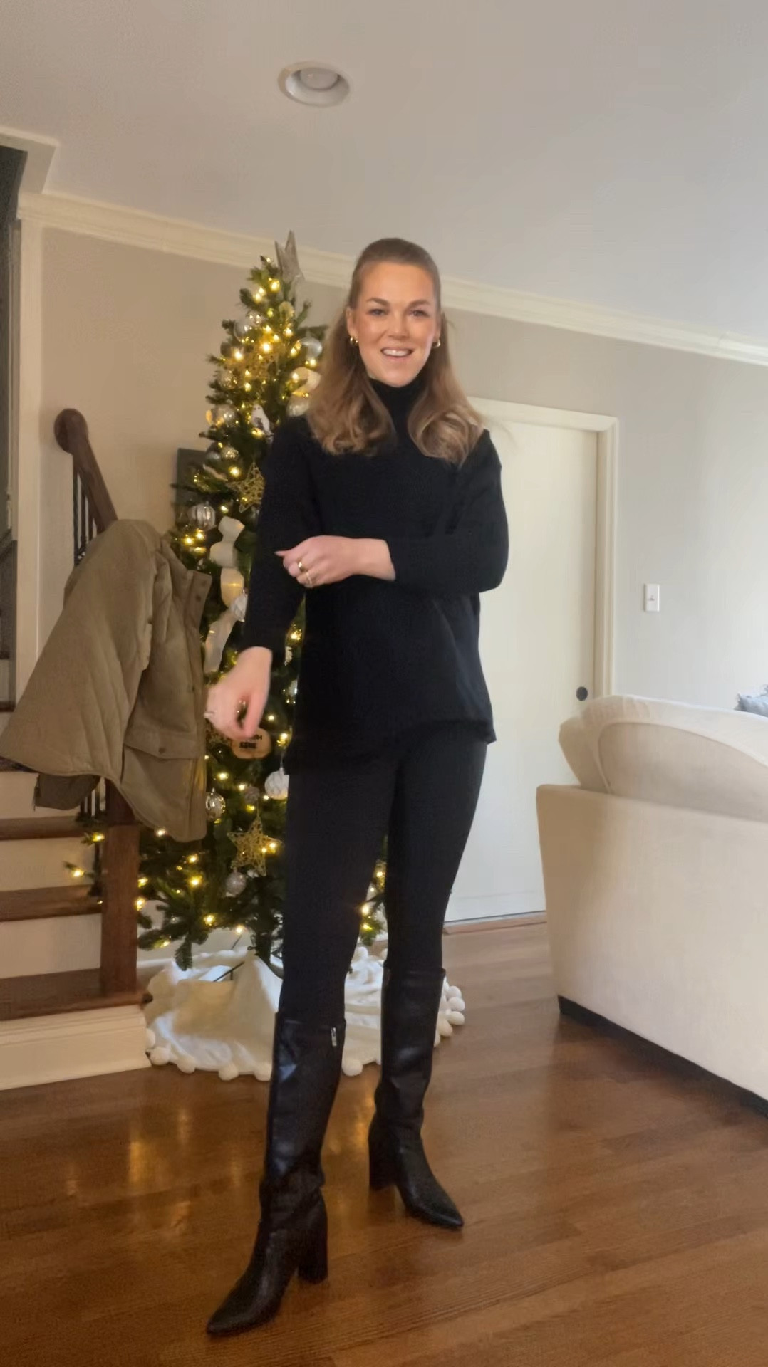 Cozy casual workwear. Maternity fit. Bump style. Black oversized sweater. Black leggings. Black leather boots. Oversized tan puffer vest  

#LTKWorkwear #LTKFindsUnder50 #LTKBump