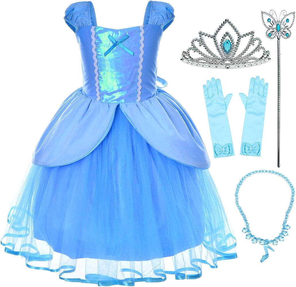 Joy Join Princess Costume Blue Dress for Toddler Girls Dress Up with Gloves,Crown,Wand,Necklace | Amazon (US)