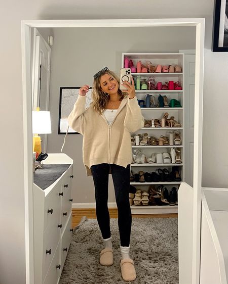 Casual everyday winter outfit idea. Perfect for class. Oversized hoodie from SheIn is size medium code Q4mckenz15 for 15% off. Leggings are my fav Aerie 