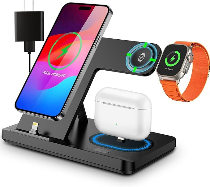 Charging Station for iPhone Multiple Devices, Foldable 3 in 1 Fast Charging Stand Dock for AirPod... | Amazon (US)