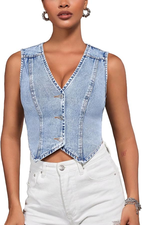 Women's V Neck Asymmetrical Hem Sleeveless Button Front Crop Denim Vest | Amazon (US)