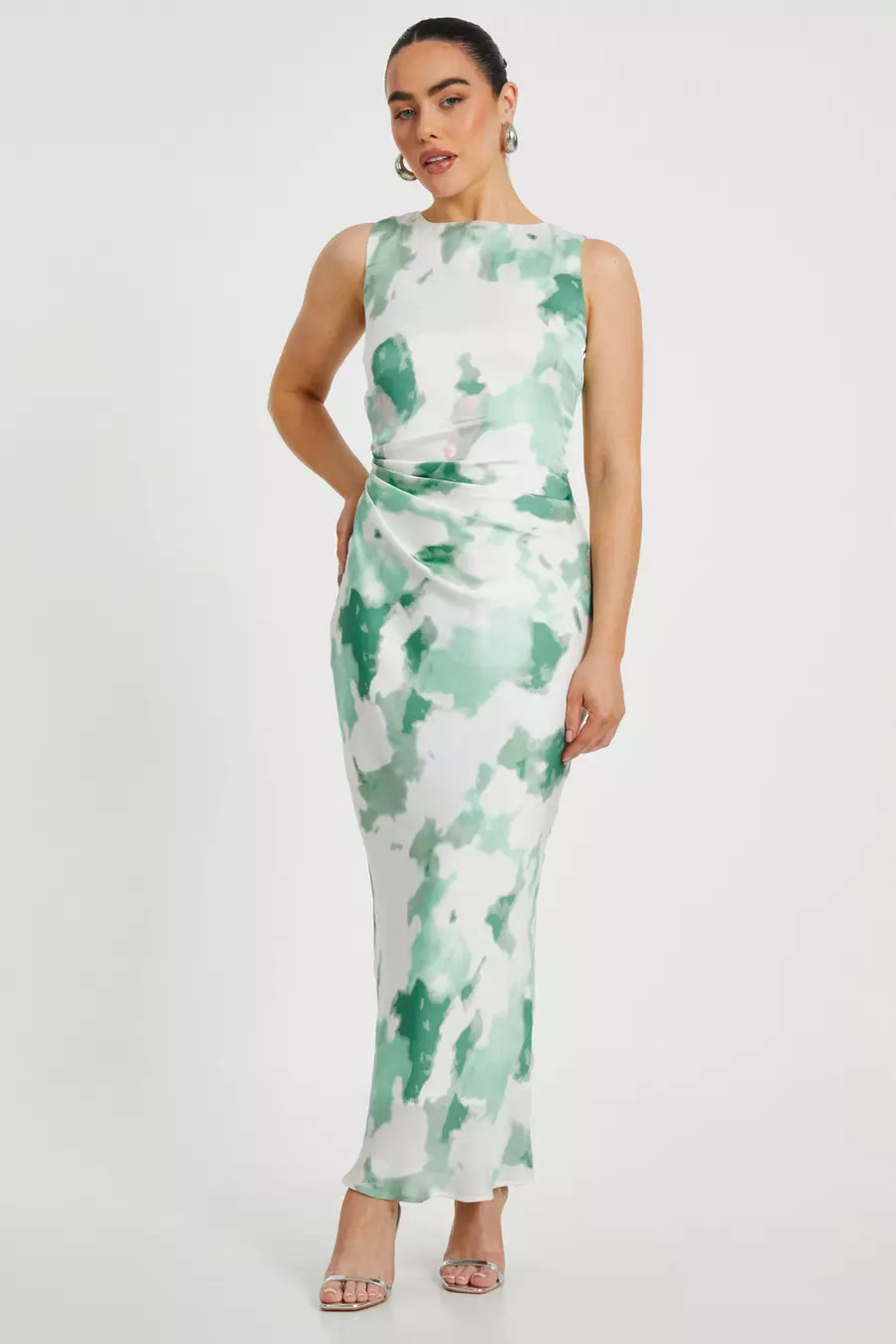 Petite Green Satin Marble Midaxi Dress | Quiz Clothing