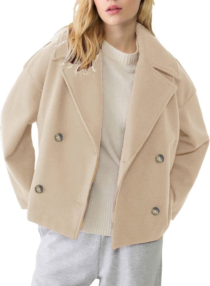 Korebow Womens Cropped Pea Coat Long Sleeve Notched Lapel Trench Overcoat Casual Double Breasted ... | Amazon (US)