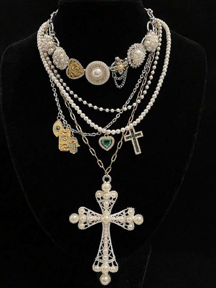 2pcs Vintage Titanium Steel Cross & Heart Pendant Multilayer Necklace Set | SHEIN